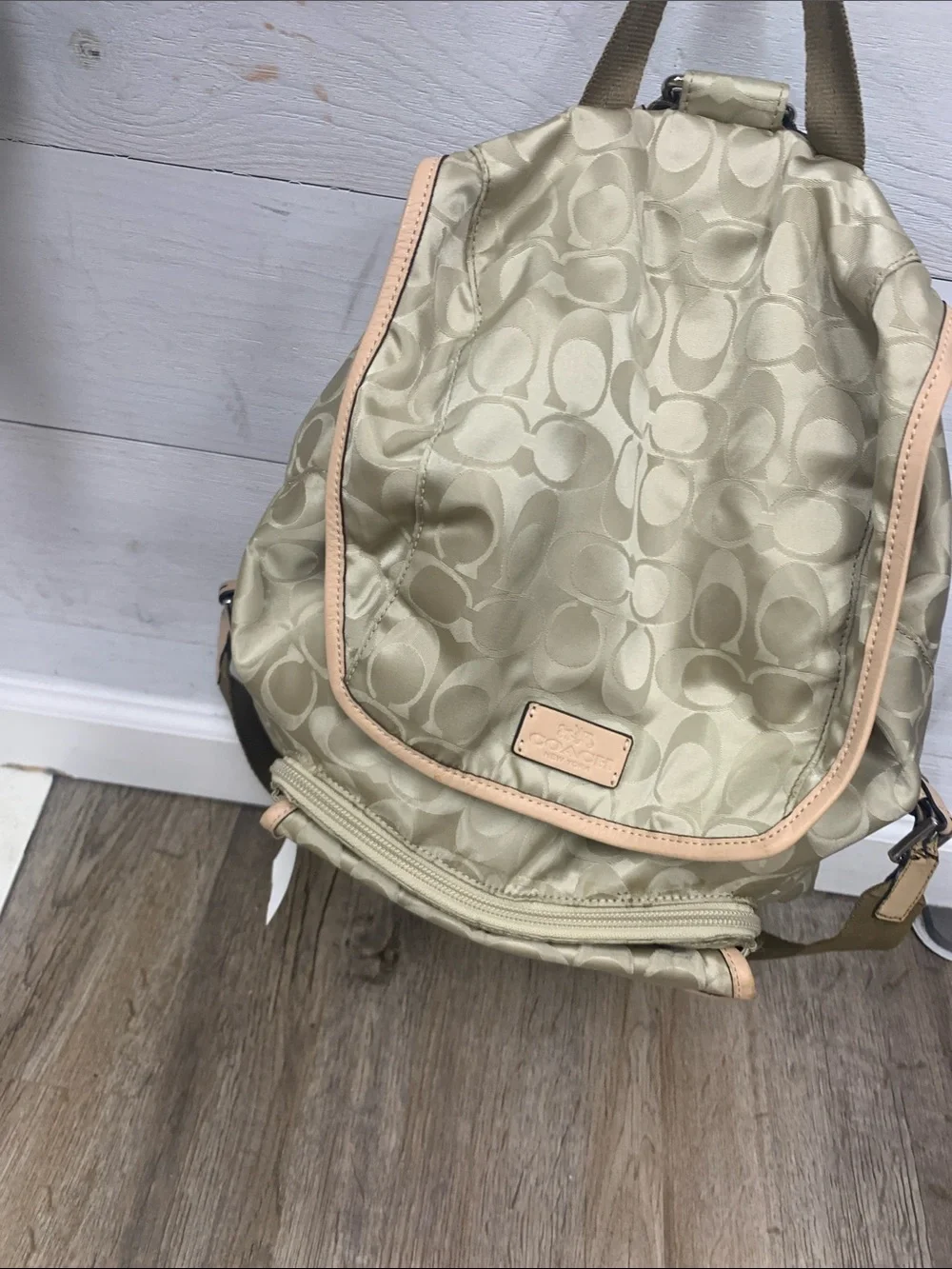 Coach Beige Signature Nylon Backpack with Natural Leather Trim